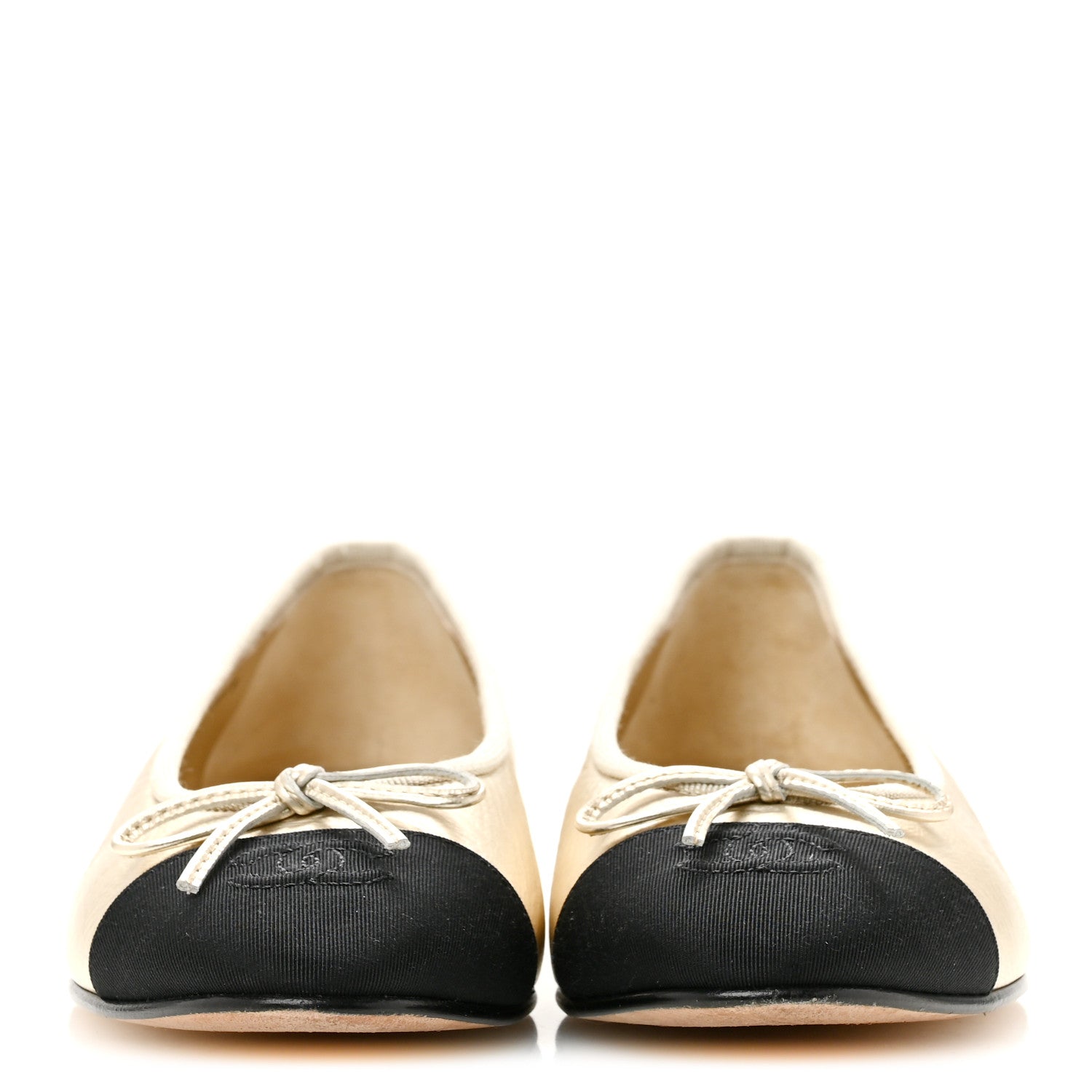 Chanel Metallic Laminated Lambskin Grosgrain CC Cap Toe Ballerina Flats 37.5 Light Gold Black 3 of 10