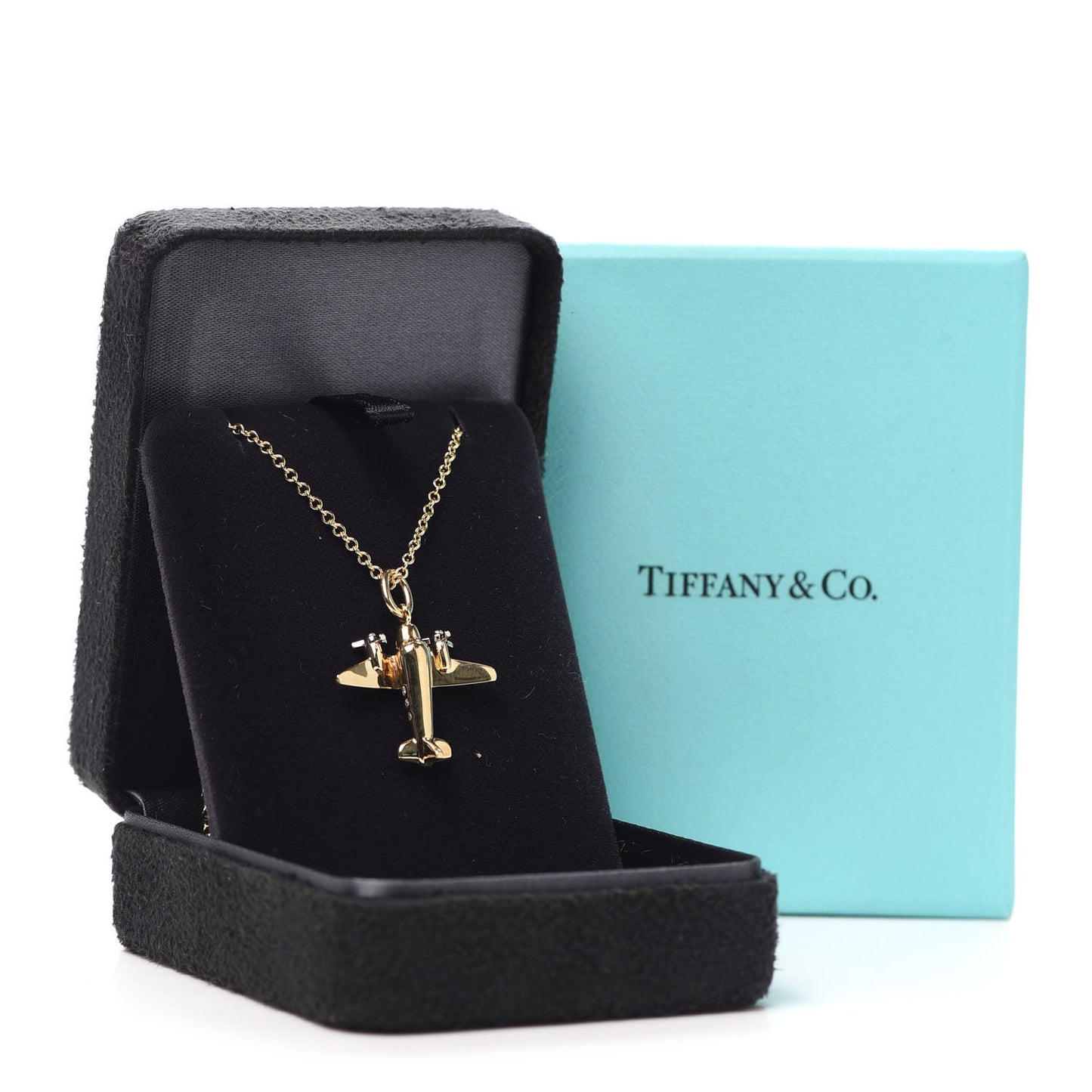 18K Yellow Gold Platinum Diamond Airplane Pendant Necklace