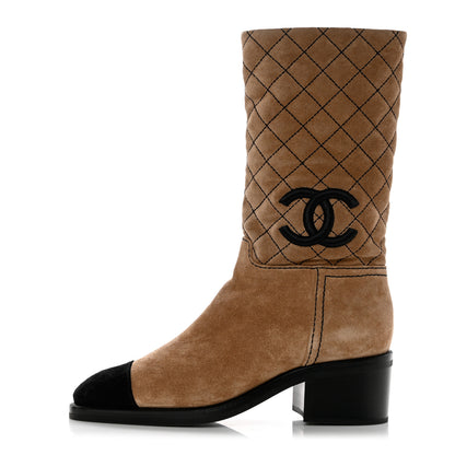 Chanel Suede Quilted CC High Boots 37 Dark Beige Black 1 of 9