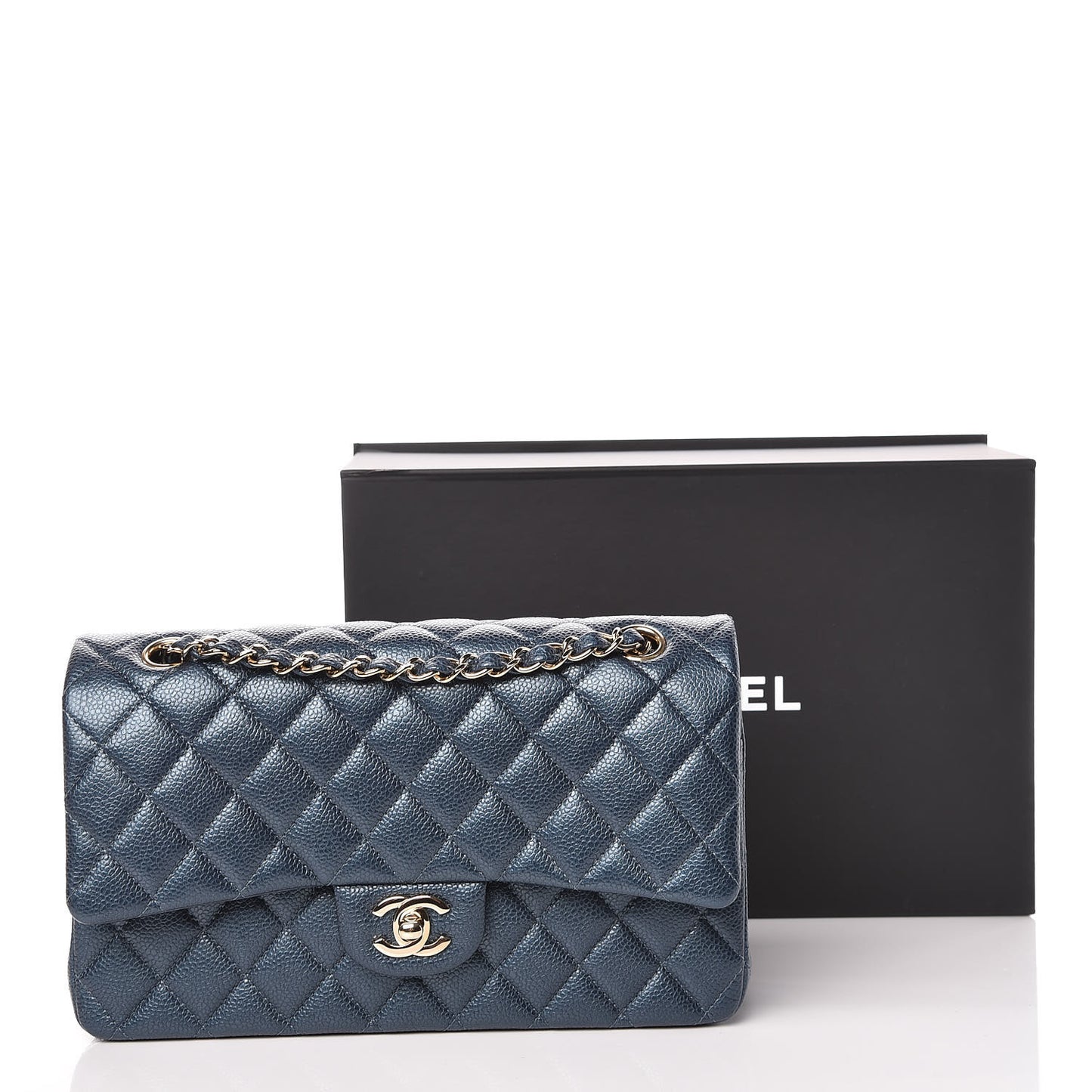 Iridescent Caviar Quilted Medium Double Flap Dark Blue