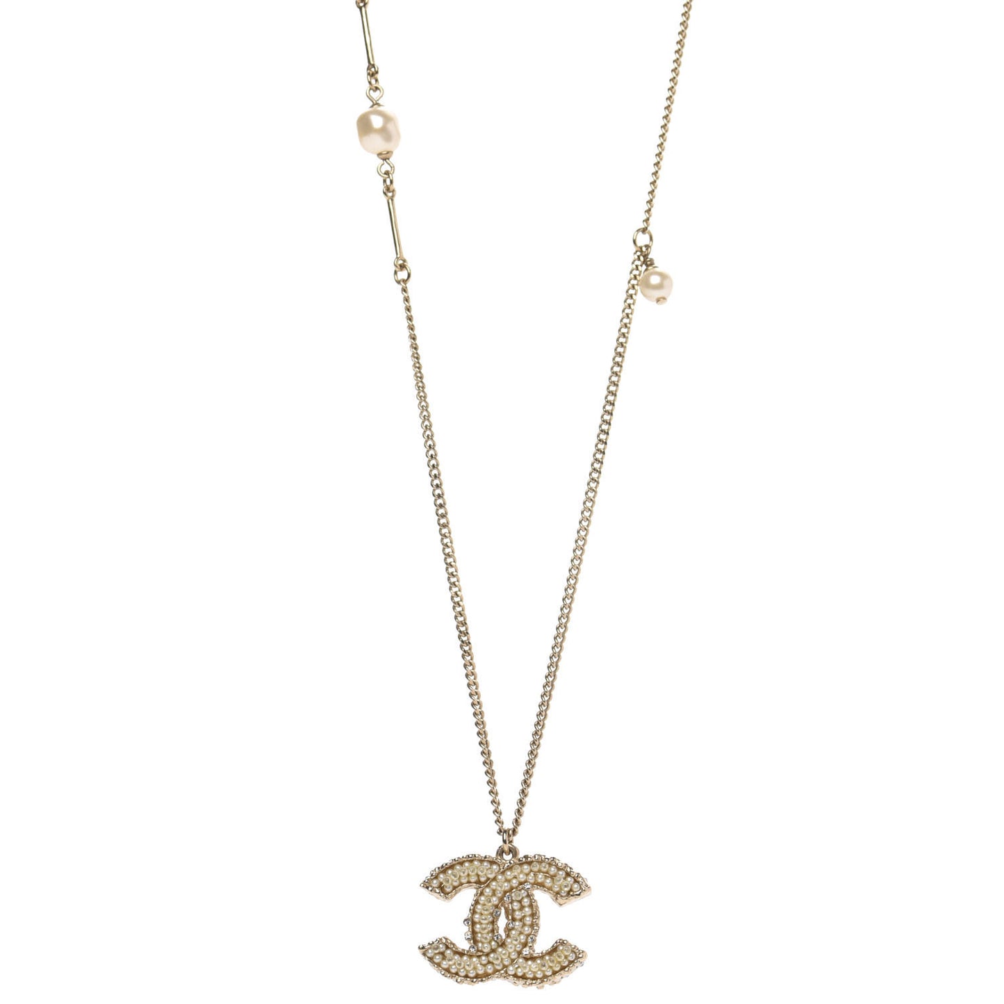 Crystal Pearl CC Pendant Necklace Gold