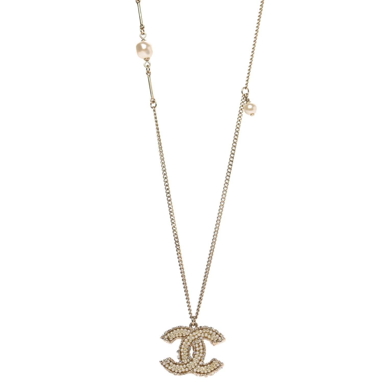 Chanel Crystal Pearl CC Pendant Necklace Gold 1 of 5