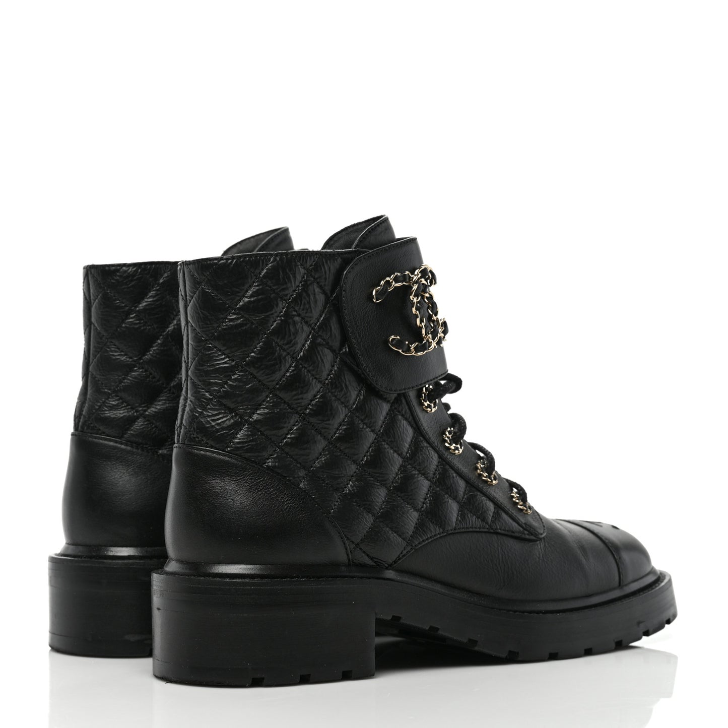 Lambskin Calfskin Quilted Lace Up Combat Boots 40.5 Black