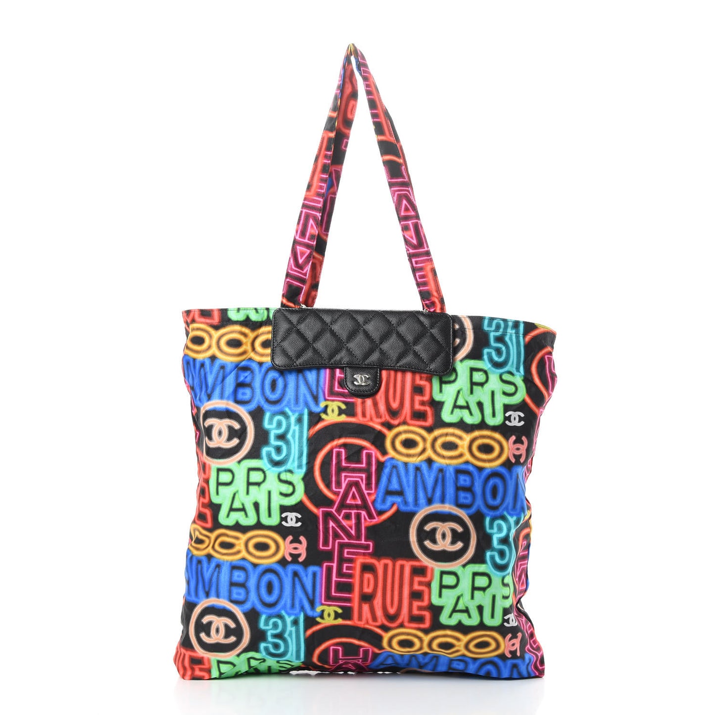 Caviar Fabric Quilted Foldable Tote With Chain Black Multicolor
