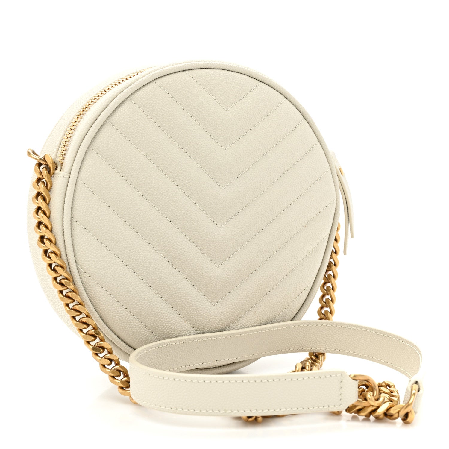 Saint Laurent Grain De Poudre Matelasse Chevron Quilted Round Vinyle Camera Bag White 3 of 10