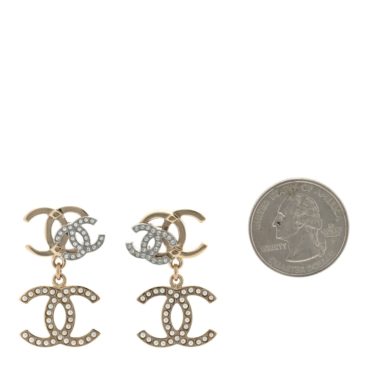 Crystal Pearl Double CC Drop Earrings Gold Silver