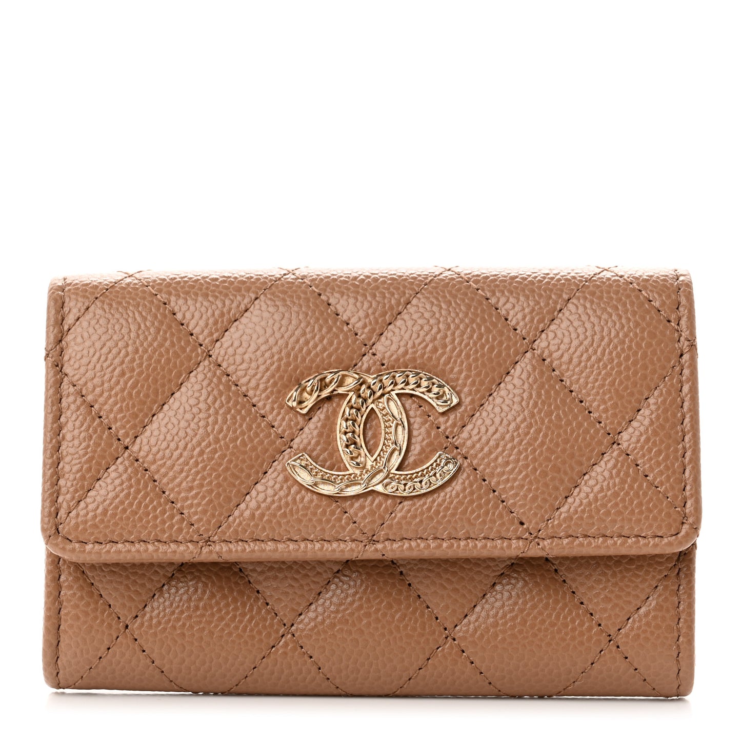 Caviar Quilted Multi Chain CC Flap Card Holder Beige