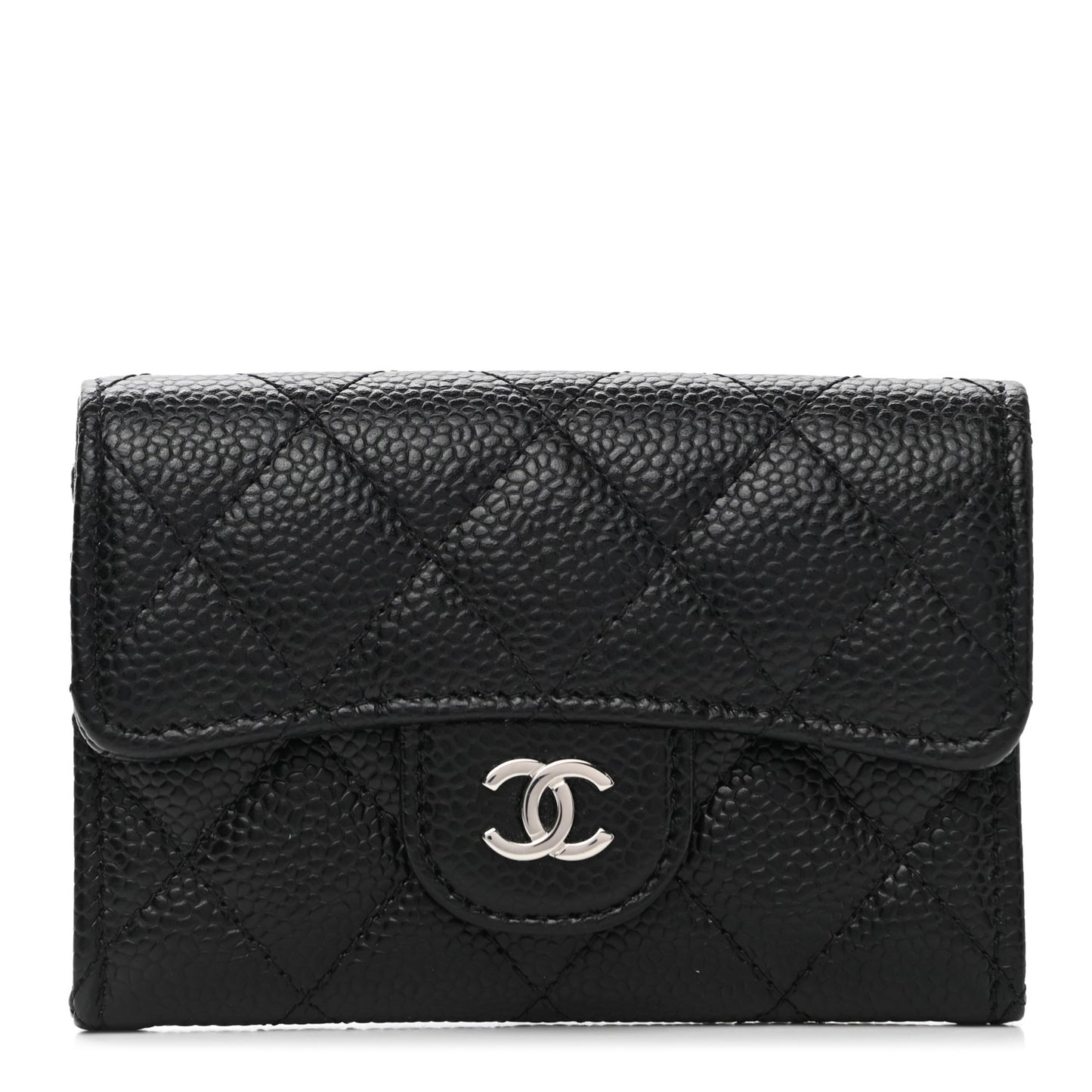 Caviar Quilted Flap Card Holder Wallet Black