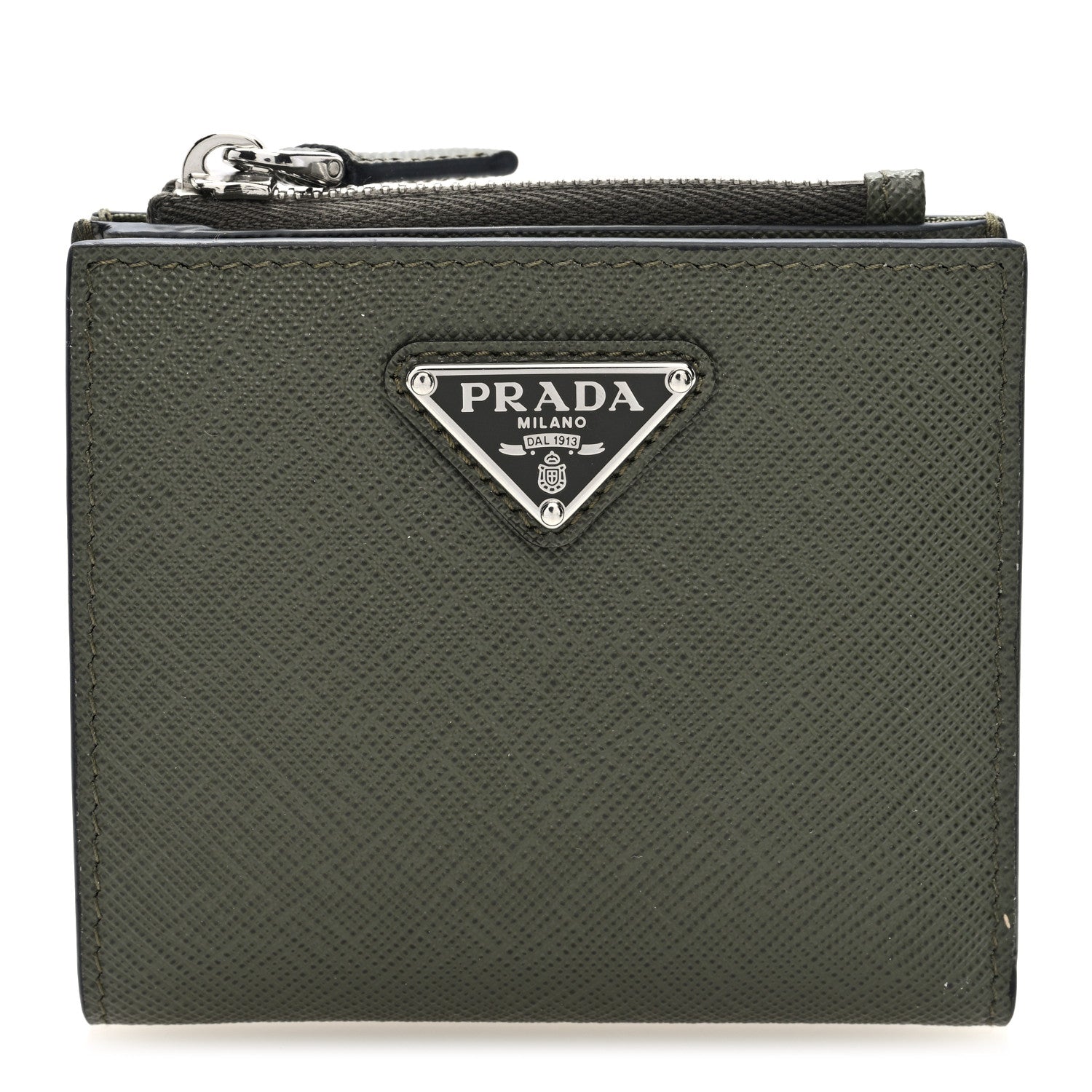 Prada Saffiano Zip Top Compact Wallet Dark Green 1 of 6