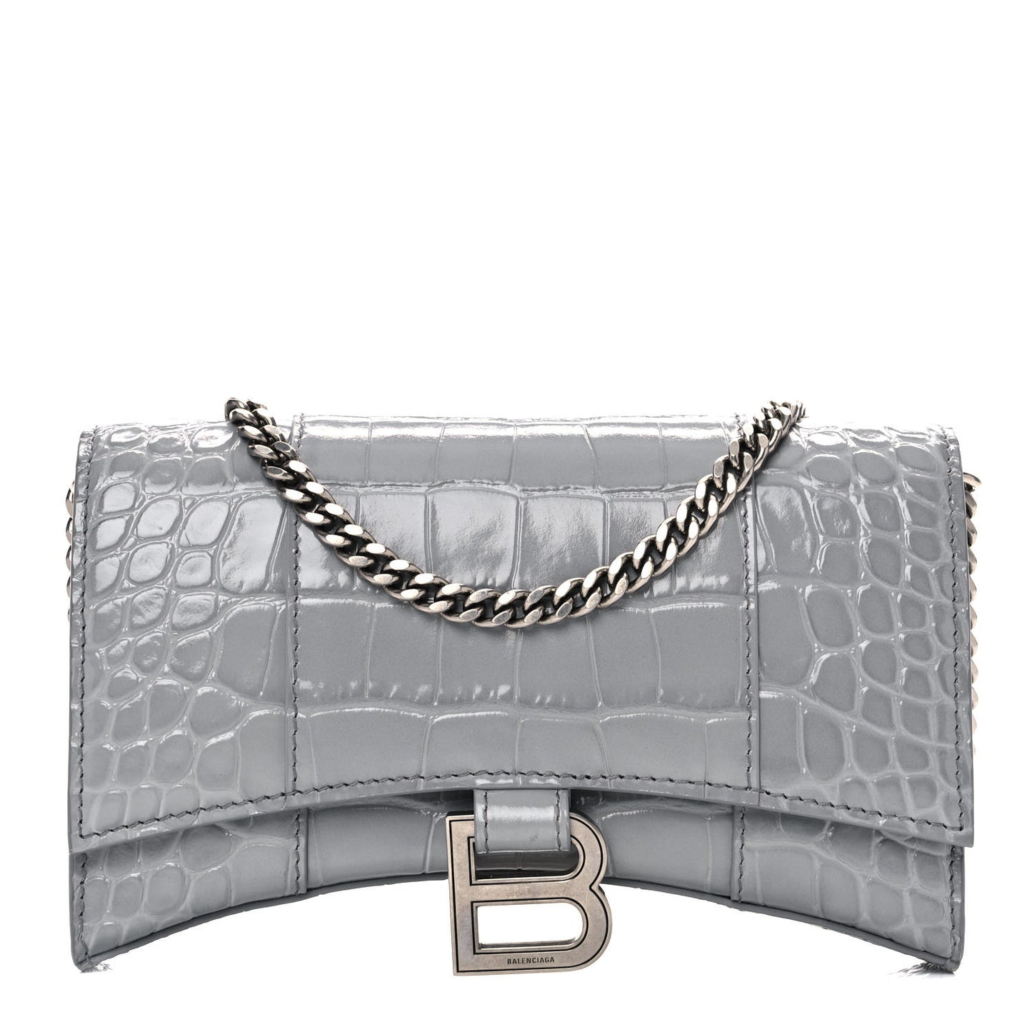 Shiny Calfskin Crocodile Embossed Hourglass Chain Bag Balenciaga Grey