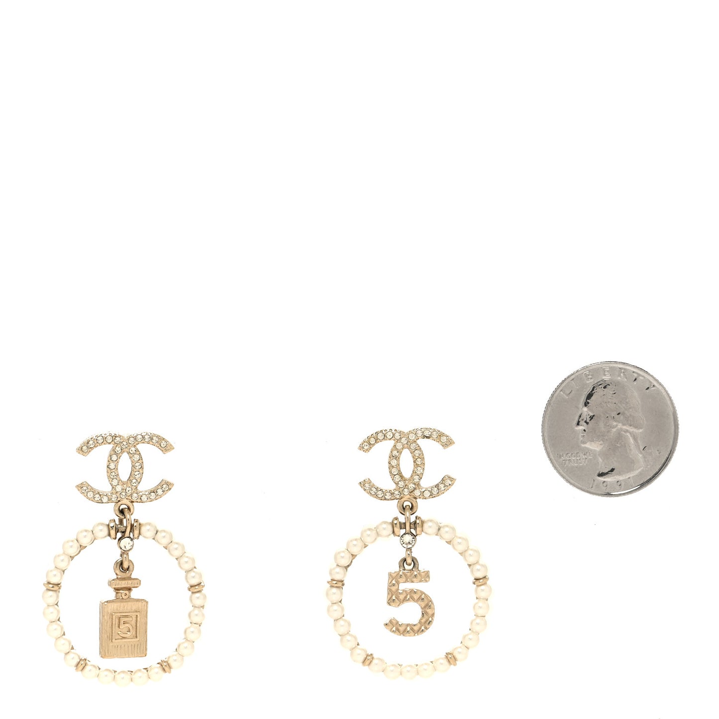Crystal Pearl Chanel Charms CC Drop Earrings Gold