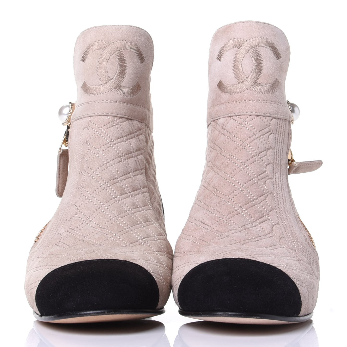 Kid Suede Quilted Cap Toe Short Boots 36.5 Beige Black