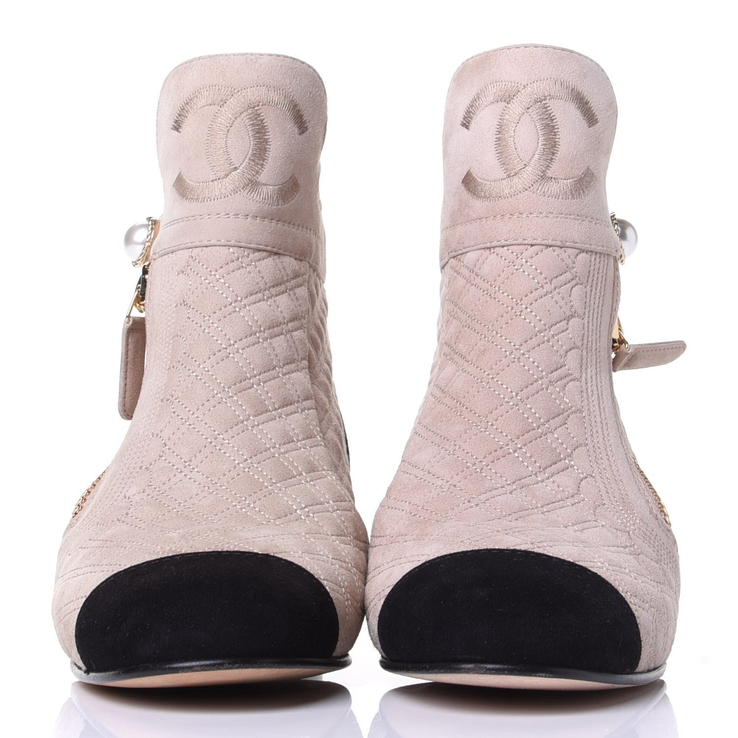 Chanel Kid Suede Quilted Cap Toe Short Boots 36.5 Beige Black 2 of 11