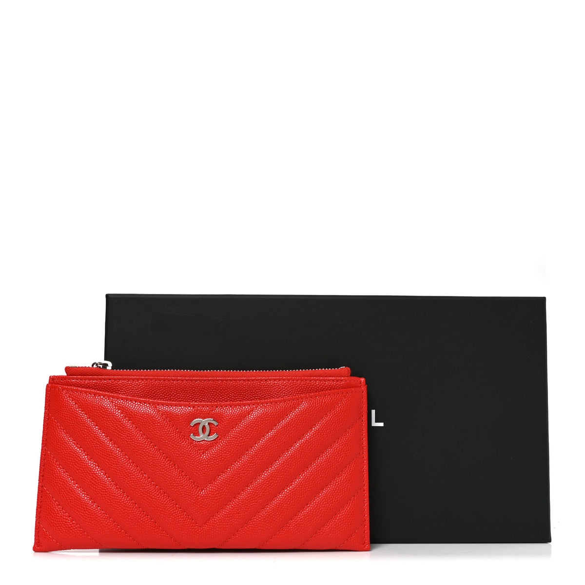 Caviar Chevron Quilted Zip Pouch Red