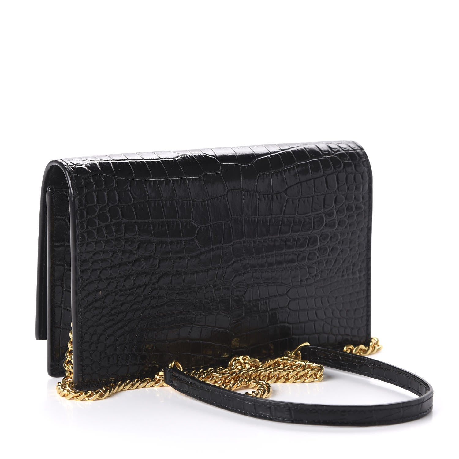 Saint Laurent Calfskin Crocodile Embossed Kate Monogram Tassel Chain Wallet Black 3 of 9