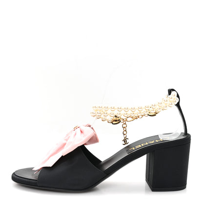 Chanel Silk Pearl Ankle Strap Sandals 38 Black Light Pink 1 of 10