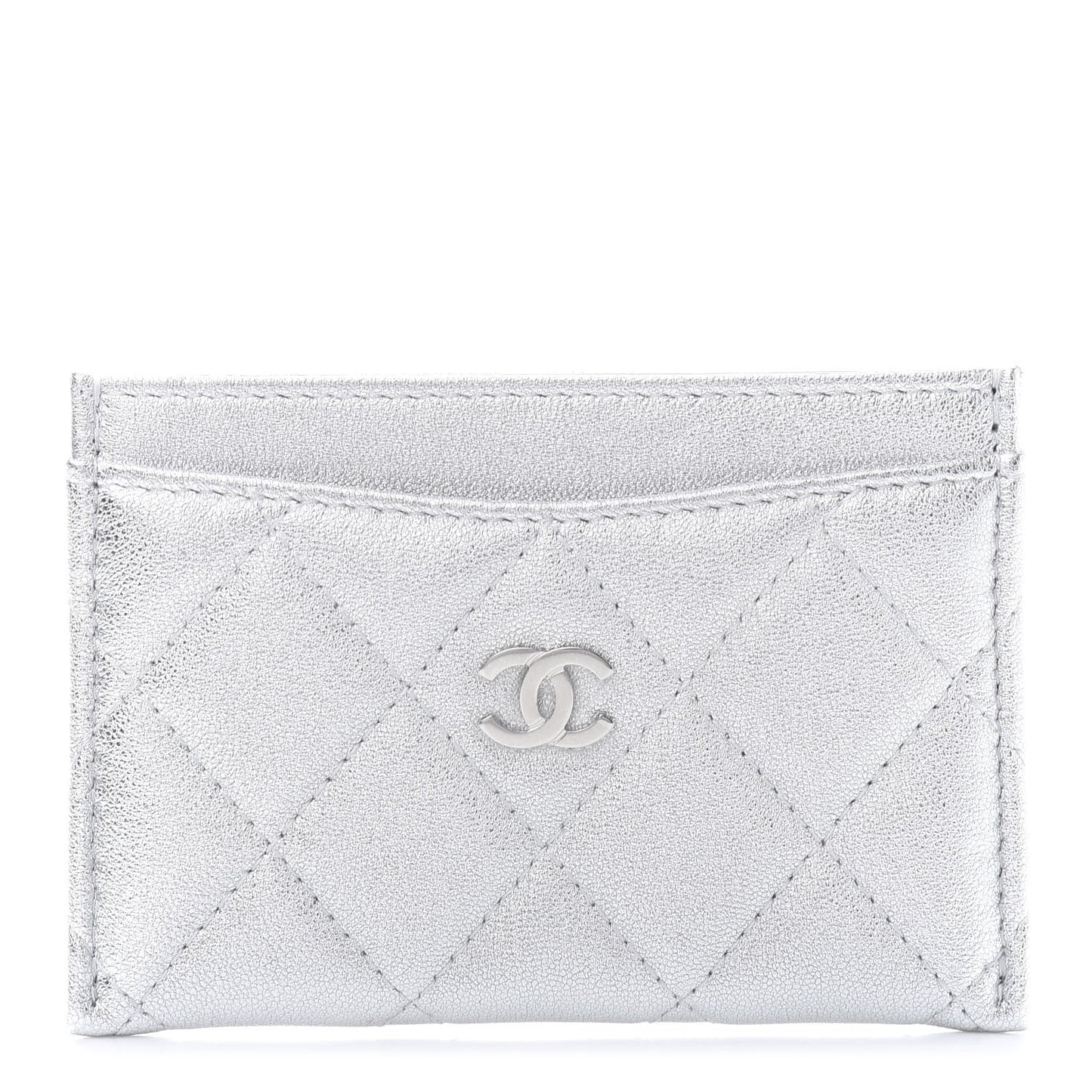 Metallic Lambskin Quilted Card Holder Silver