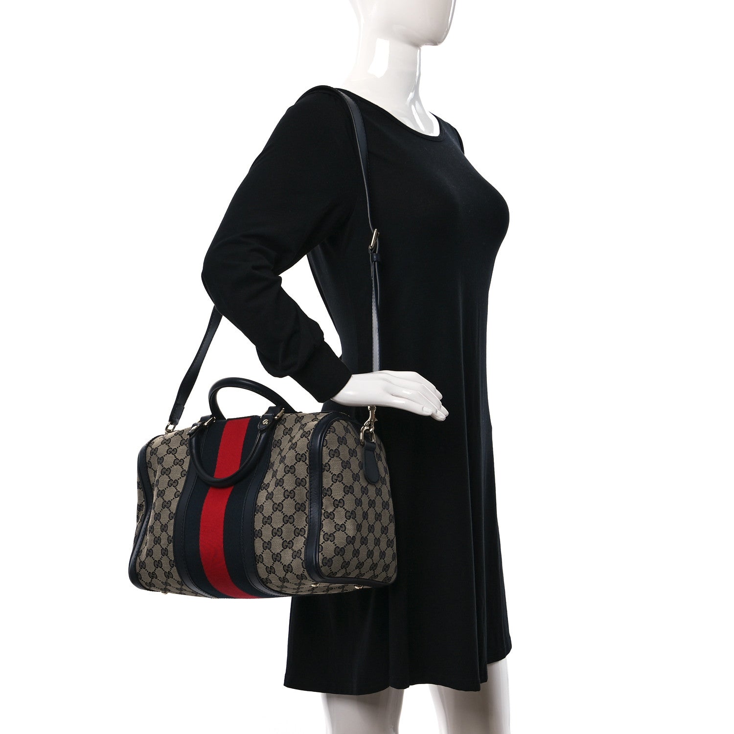 Gucci Monogram Selleria Calfskin Vintage Web Medium Boston Beige Blue 2 of 11