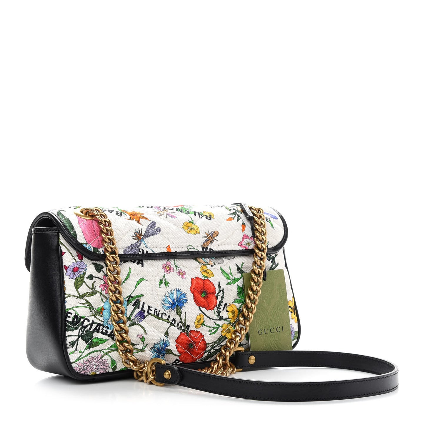 X BALENCIAGA Canvas Flora Logo Print Diagonal Matelasse Small GG Marmont Shoulder Bag White