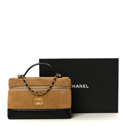 Chanel Suede Calfskin Shiny Lambskin Stitched Top Handle Slim Vanity Case With Chain Beige Black 11 of 11