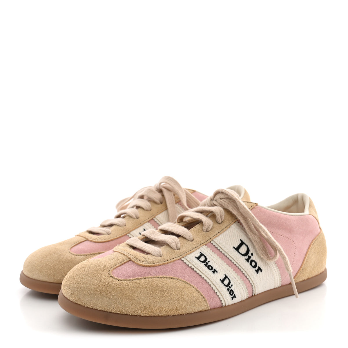 Suede Calfskin Ribbon Low Top Sneakers 37.5 Beige Pink