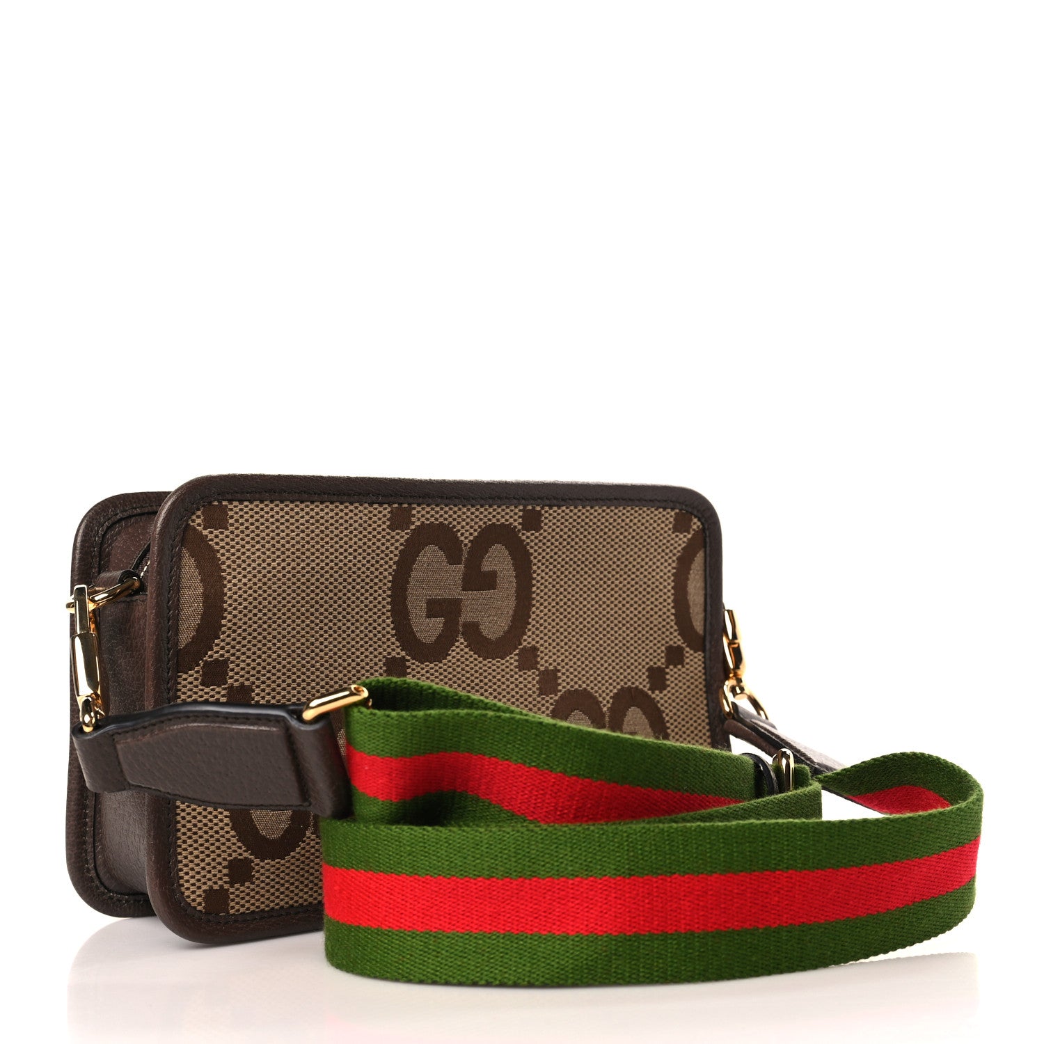 Gucci Monogram Jumbo GG Textured Dollar Calfskin Web Mini Crossbody Bag Camel Ebony New Acero 3 of 9