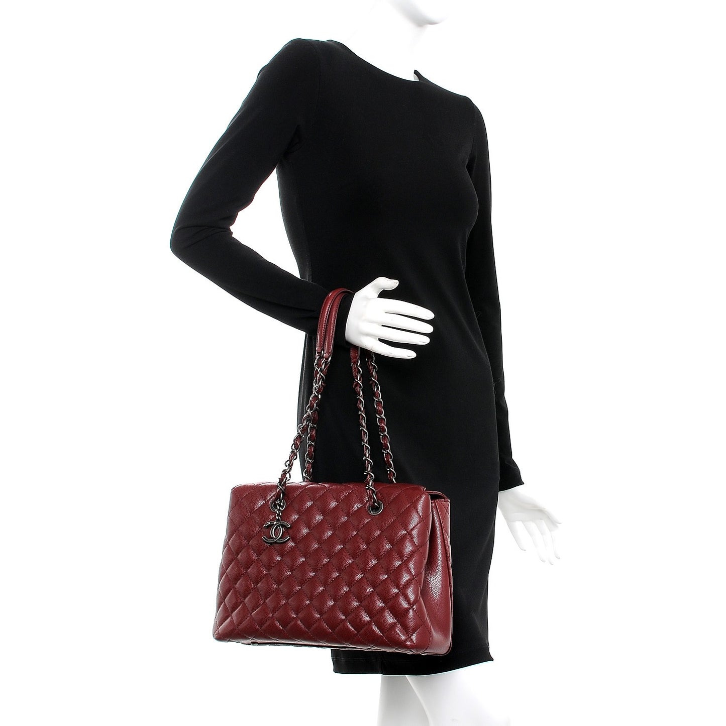 Caviar Quilted City Shopping Tote Dark Red