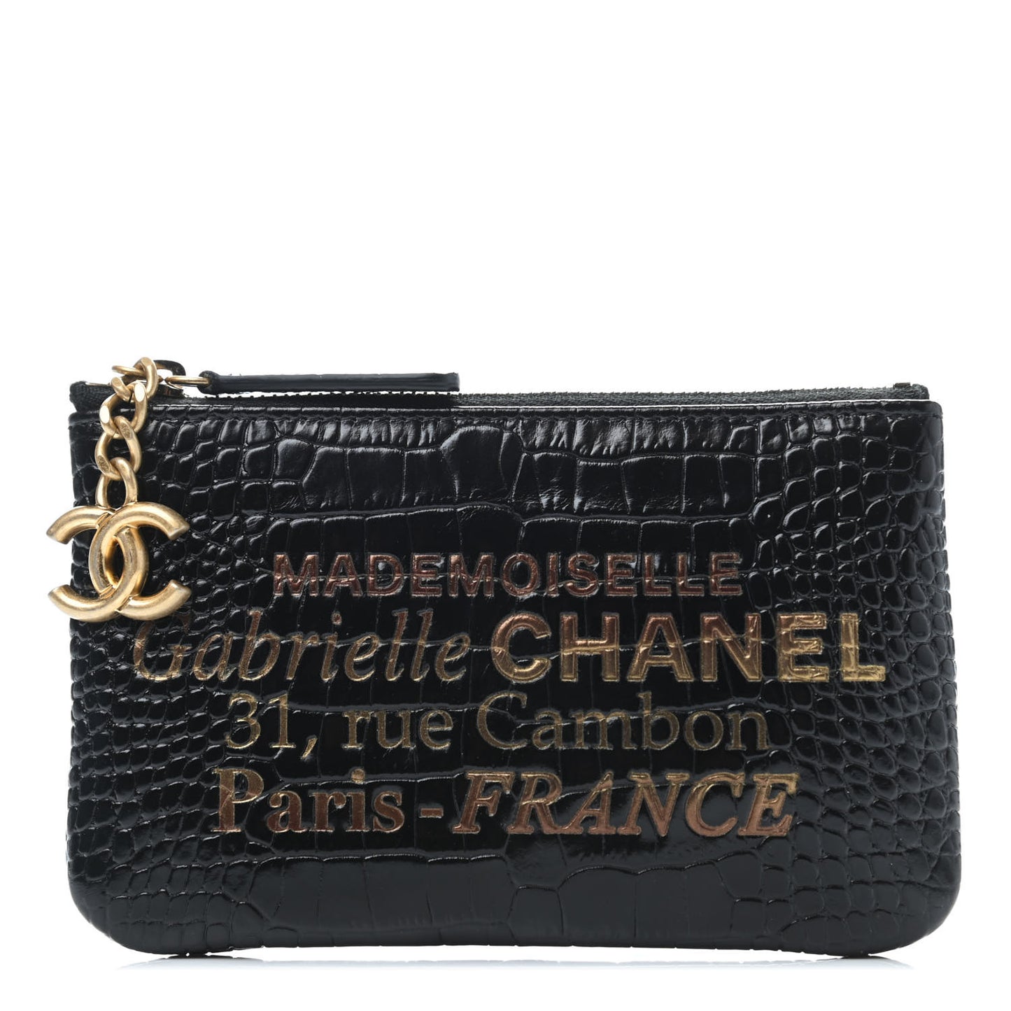Calfskin Crocodile Embossed Cocodile Cosmetic Case Black Gold