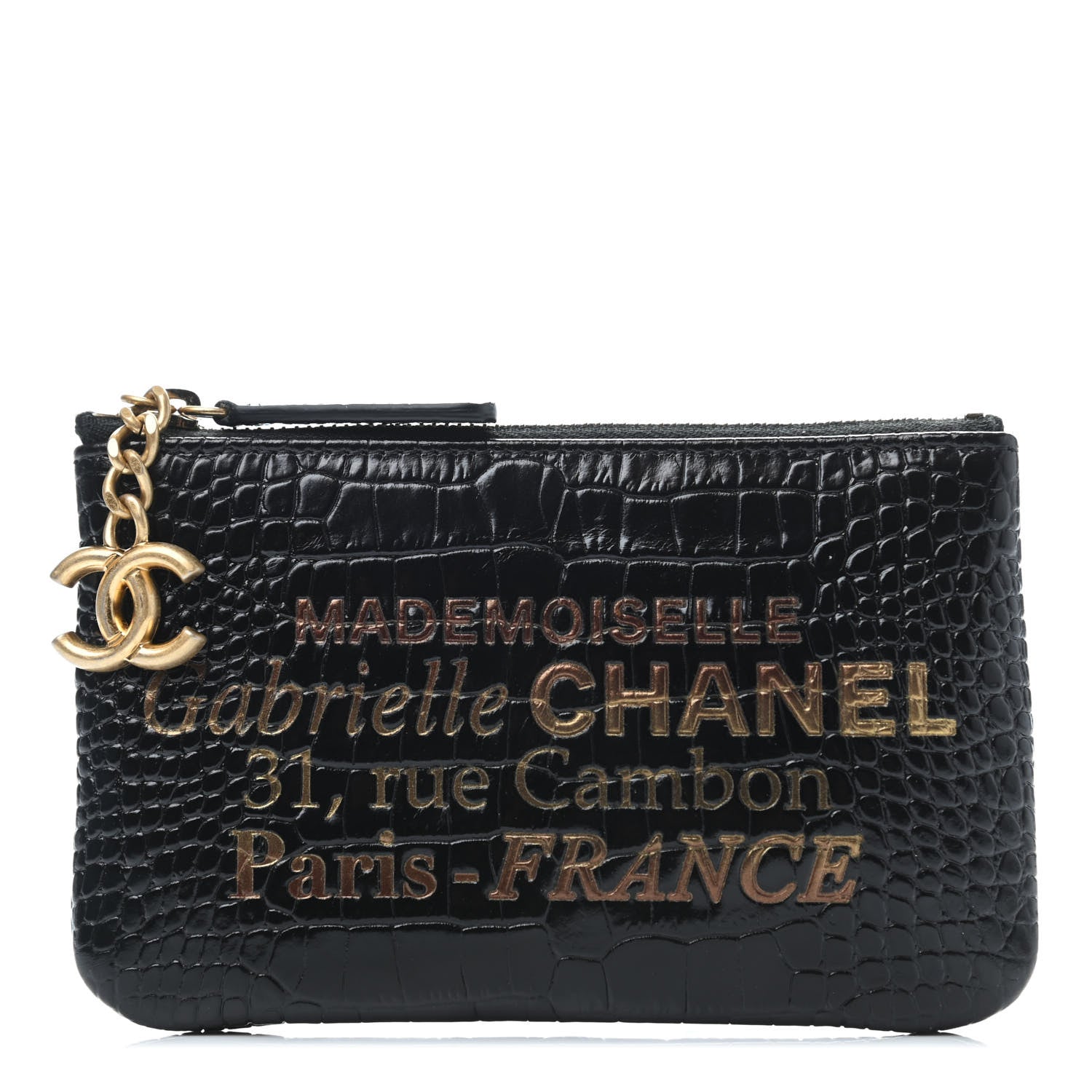 Chanel Calfskin Crocodile Embossed Cocodile Cosmetic Case Black Gold 1 of 4