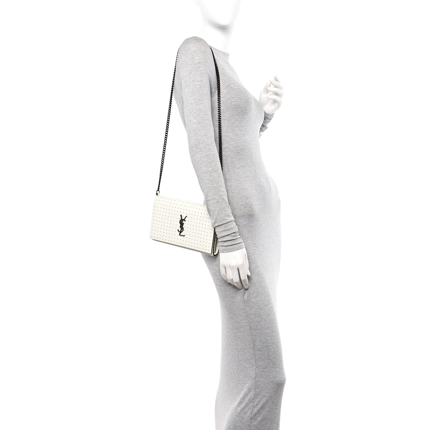 Saint Laurent Grain De Poudre Square Dot Print Monogram Chain Wallet White Matte Black 2 of 11