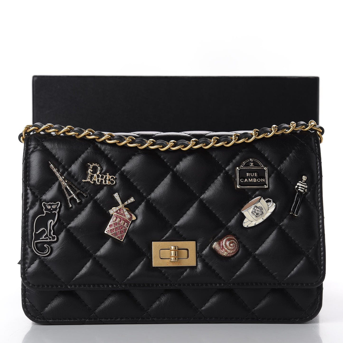 Aged Calfskin Quilted Lucky Charms 2.55 Reissue Wallet On Chain WOC Black