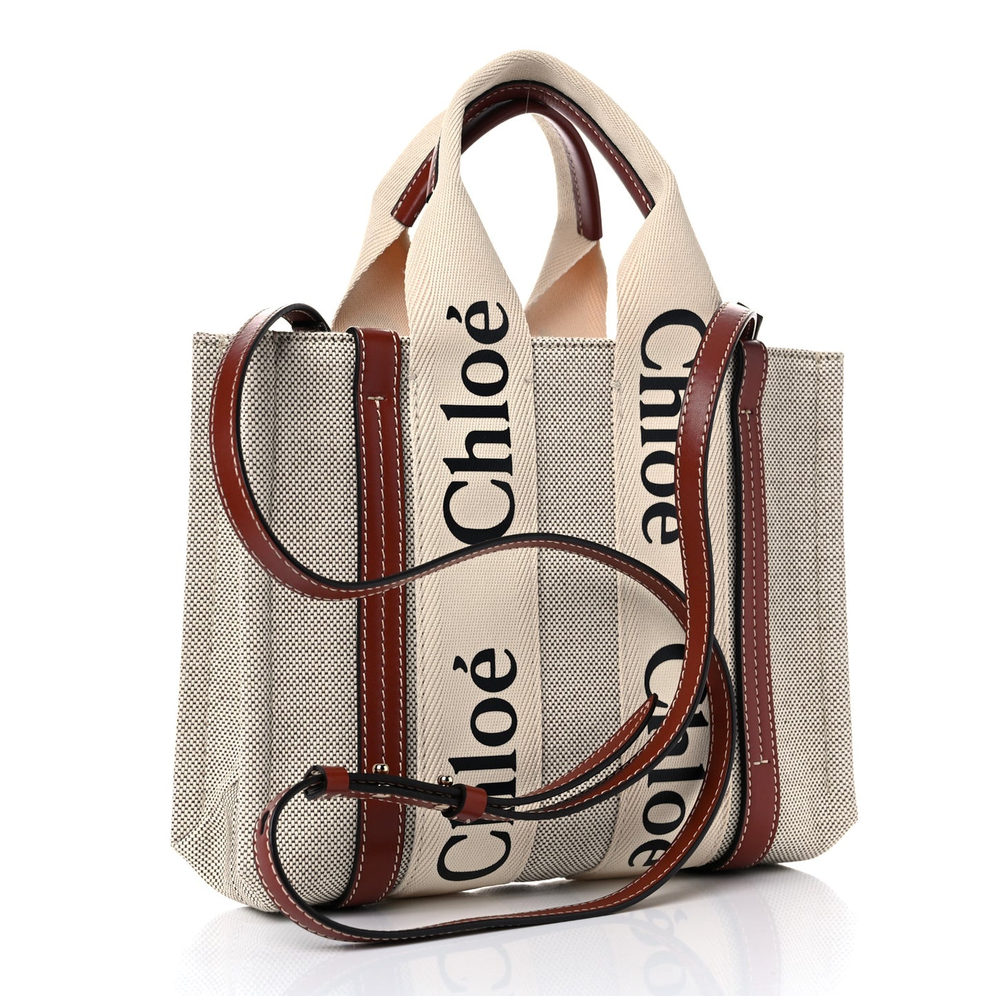Cotton Calfskin Small Woody Ribbon Tote With Strap White Brown