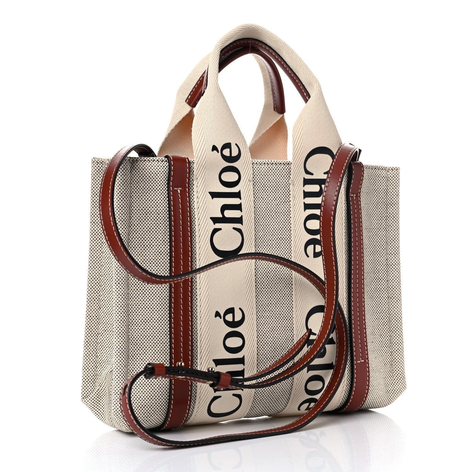 Chloe Cotton Calfskin Small Woody Ribbon Tote With Strap White Brown 3 of 20