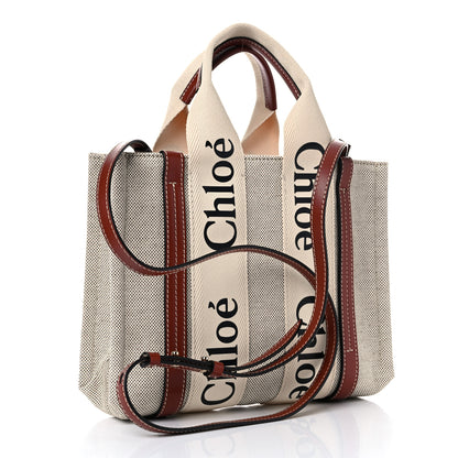 Chloe Cotton Calfskin Small Woody Ribbon Tote With Strap White Brown 3 of 20