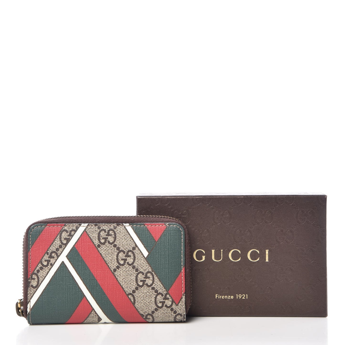 GG Supreme Monogram Chevron Zip Around Card Case Wallet Beige Green Red New Acero