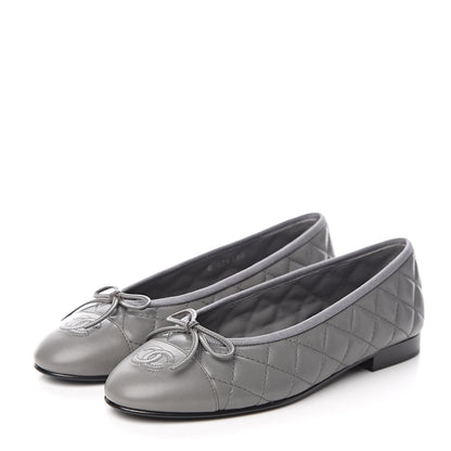 Chanel Lambskin Quilted CC Ballerina Flats 38 Grey 3 of 9