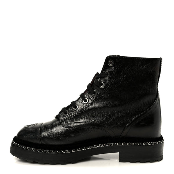 Chanel Crackled Calfskin Velvet Pearl Combat Short Boots 36 Black