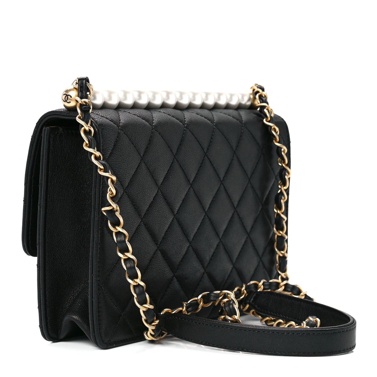 Lambskin Quilted Small Chic Pearls Flap Black
