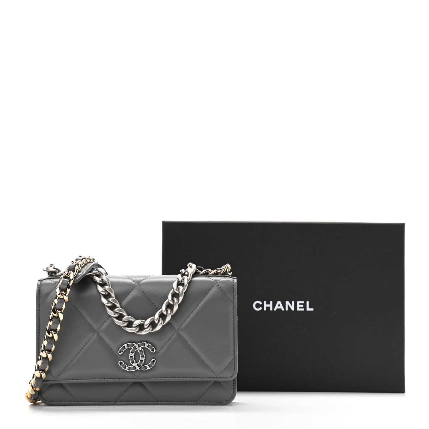 Chanel Lambskin Quilted Chanel 19 Wallet On Chain WOC Dark Grey 12 of 12