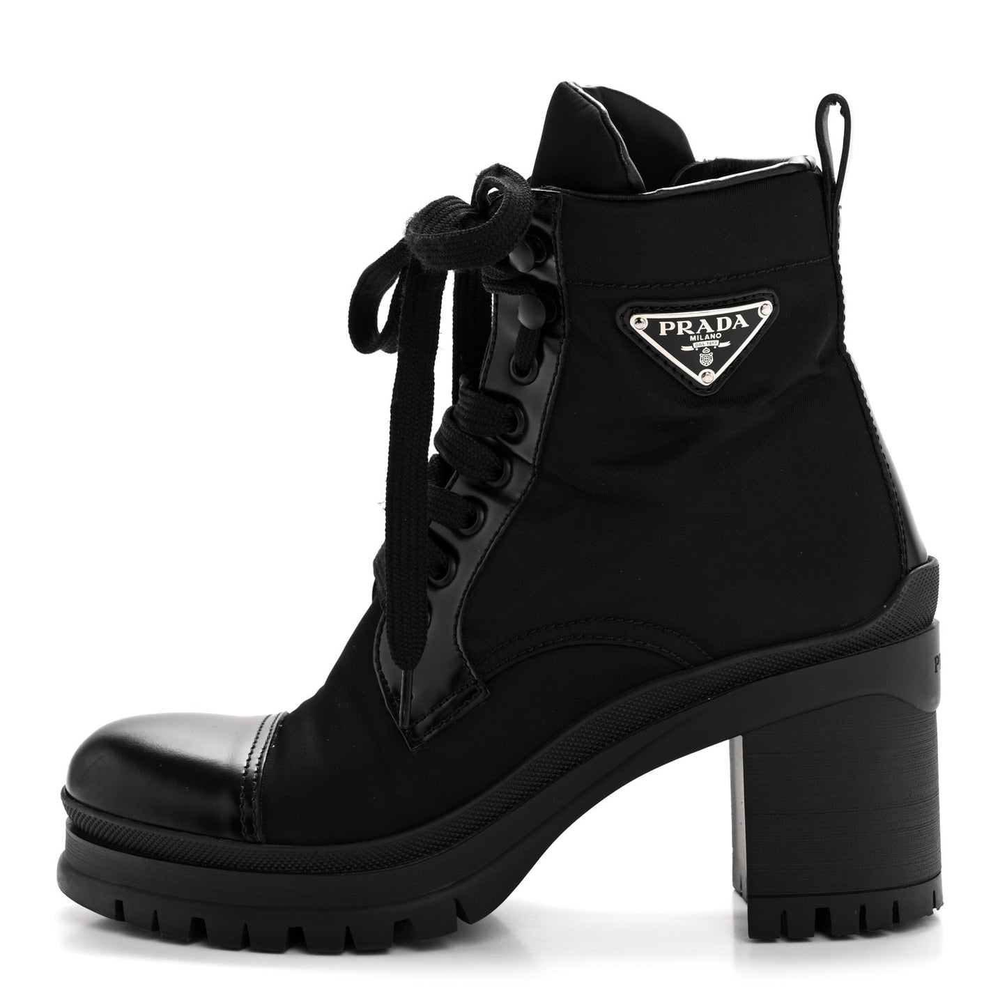 Spazzolato Re-Nylon Metal Triangle Logo Lace Up 55mm Ankle Boots 36 Black