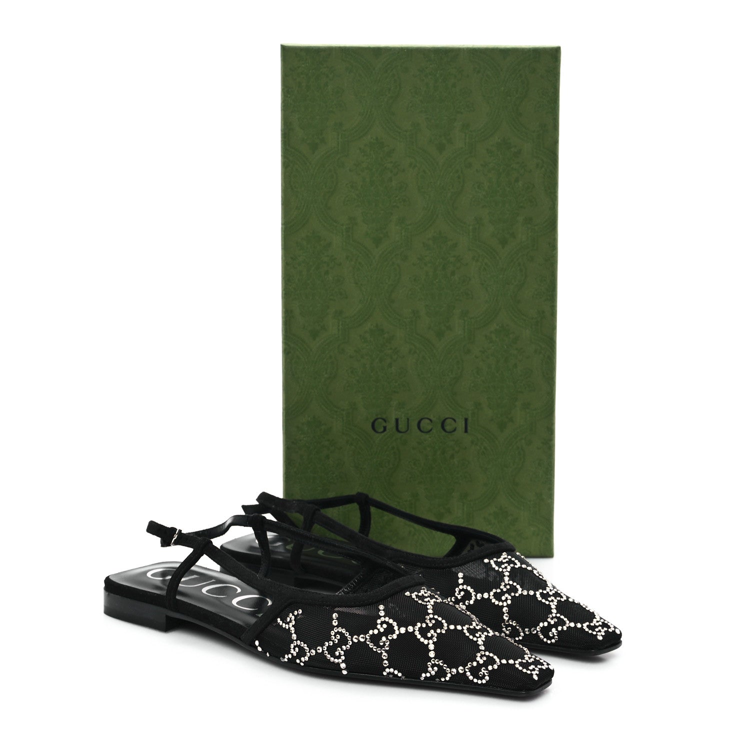 Gucci Tela Retino Kid Scamosciato Crystal GG Monogram Square Demi Ballet Flats 38 Black 9 of 9