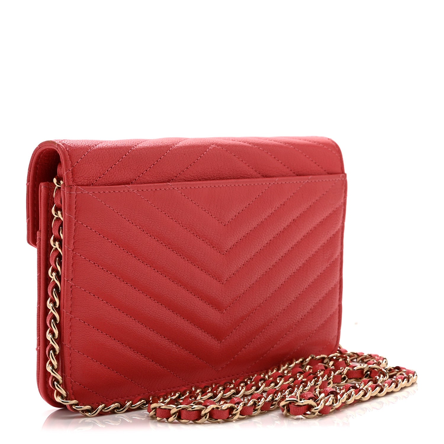 Chanel Shiny Goatskin Chevron Quilted Statement Wallet On Chain WOC Red 3 of 12