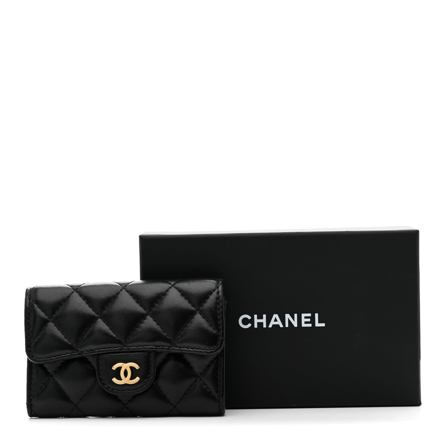 Lambskin Quilted Flap Card Holder Wallet Black