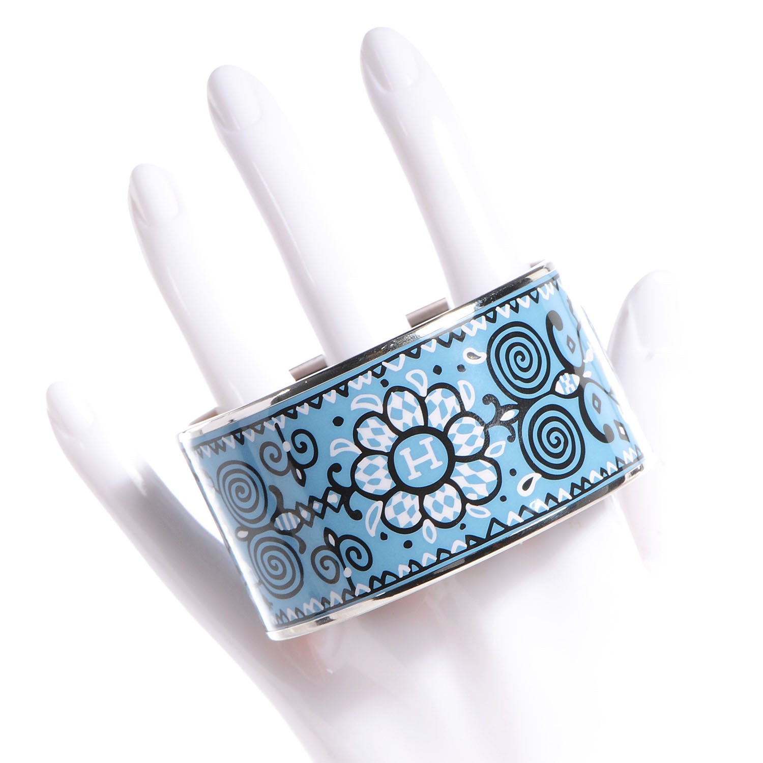 Hermes Enamel Printed Flowers Extra Wide Bracelet Bleu 70 2 of 6