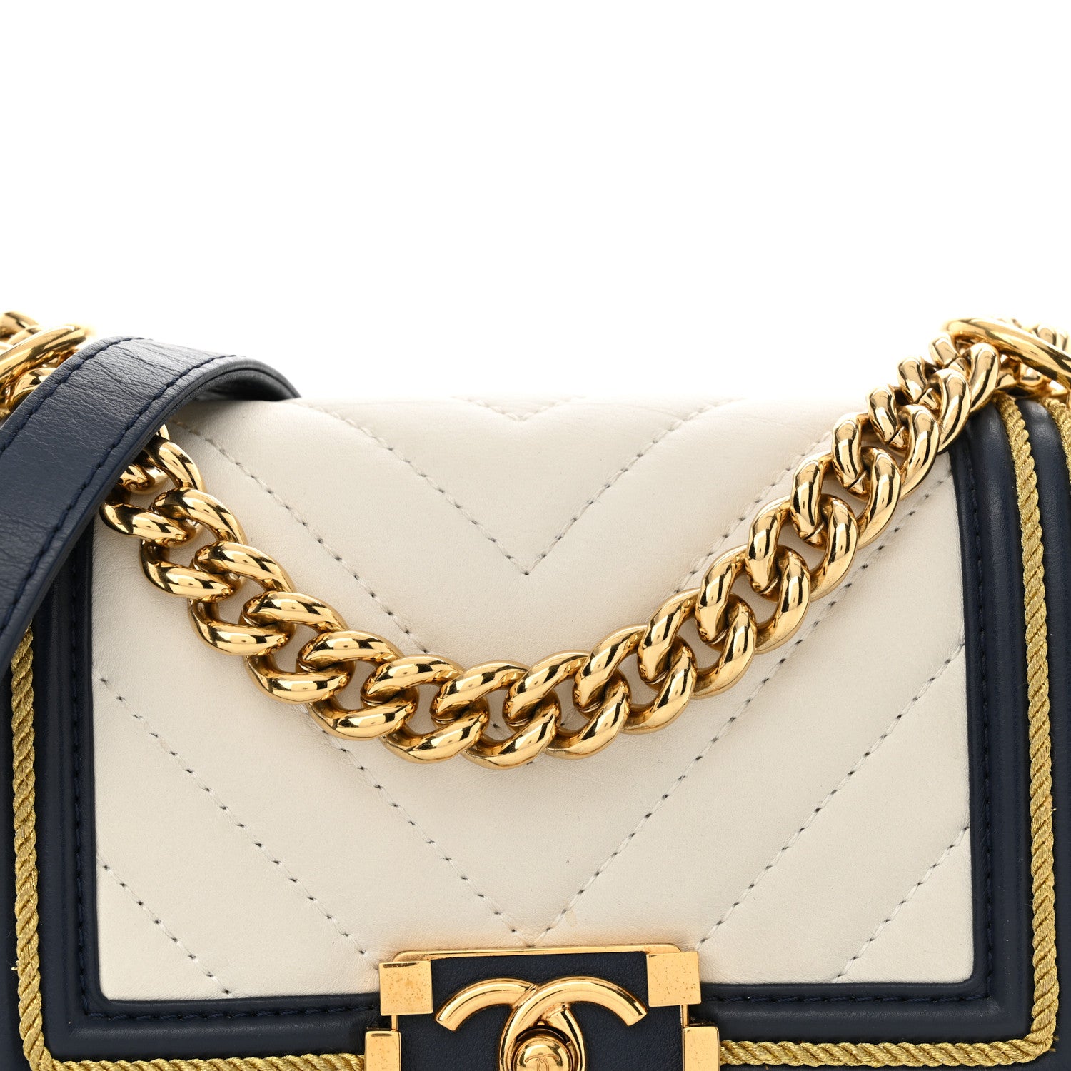 Chanel Calfskin Chevron Quilted Braided Small Boy Flap White Navy 8 of 14