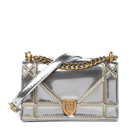 Christian Dior Metallic Patent Studded Small Diorama Flap Bag Silver 1 of 8