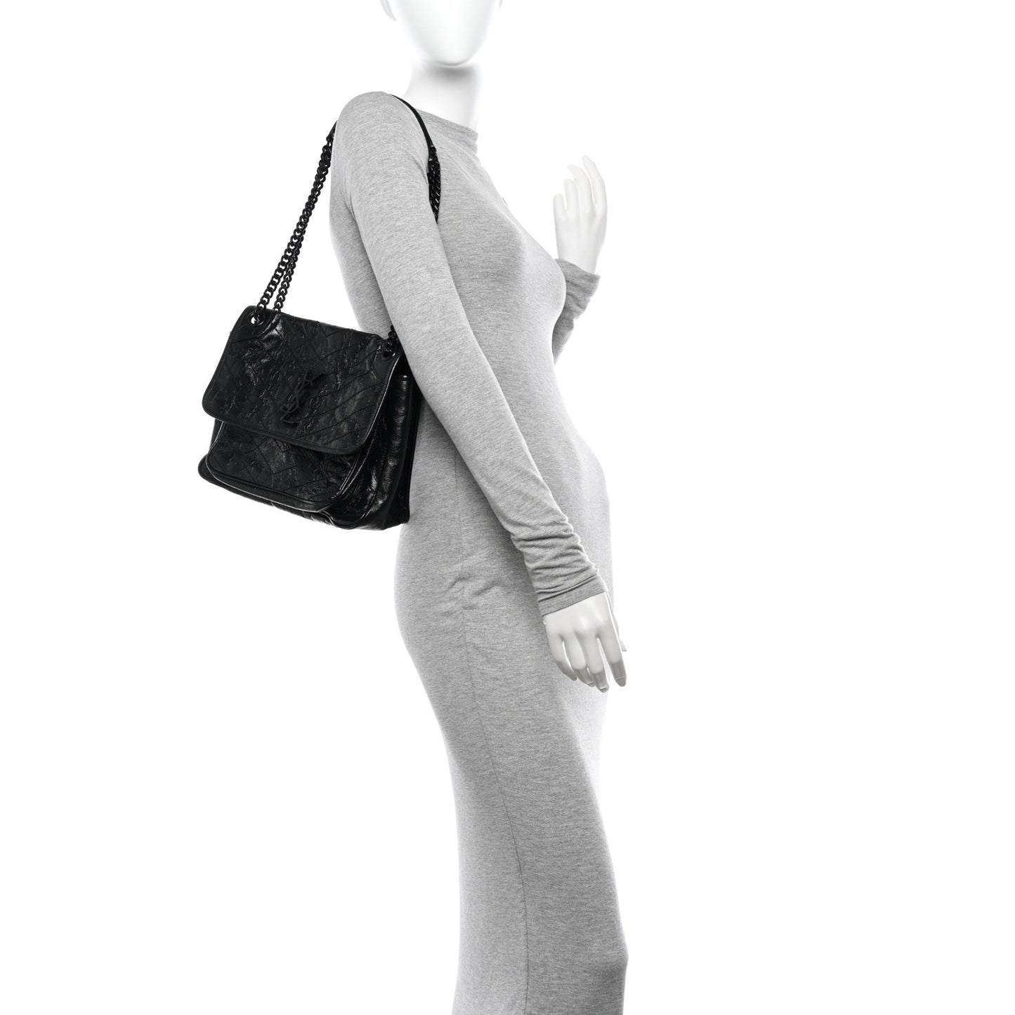 Crinkled Calfskin Matelasse Monogram Medium Niki Chain Satchel Black