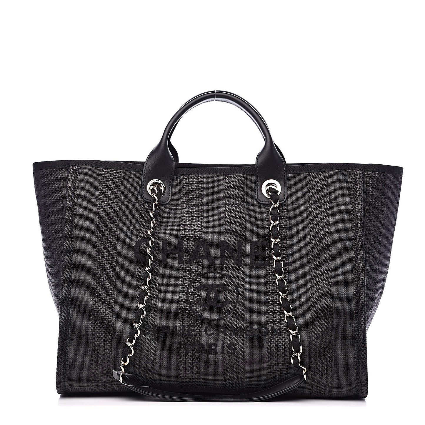 Straw Raffia Calfskin Striped Large Deauville Tote Black