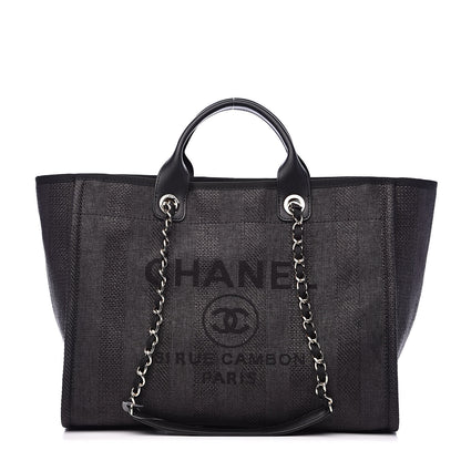 Chanel Straw Raffia Calfskin Striped Large Deauville Tote Black 1 of 9