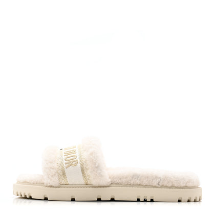 Christian Dior Shearling Canvas Lurex Embroidered Dway 10mm Slide Sandals 40 Natural Platinum 1 of 9